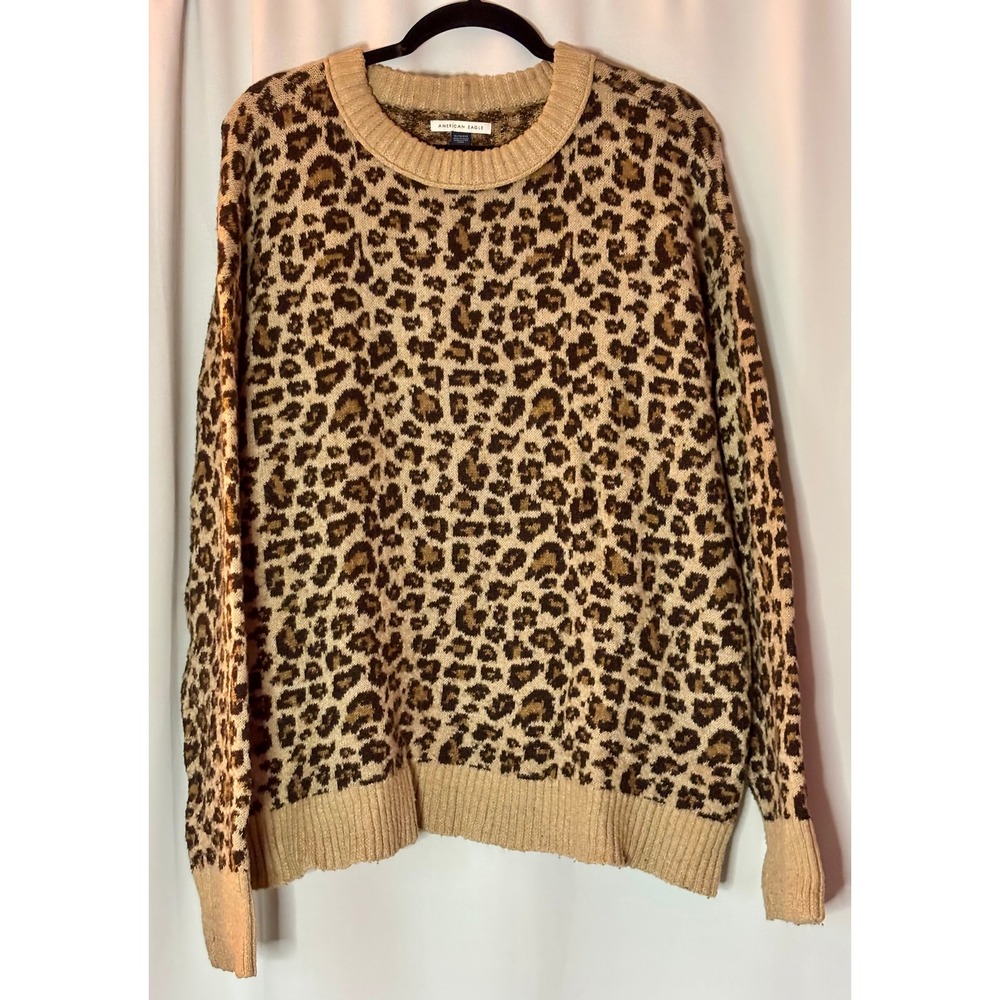 American Eagle Leopard Print Crewneck Sweater Tan Brown Animal XL Jungle Cozy